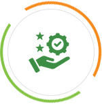 A green and white icon of a hand holding stars.